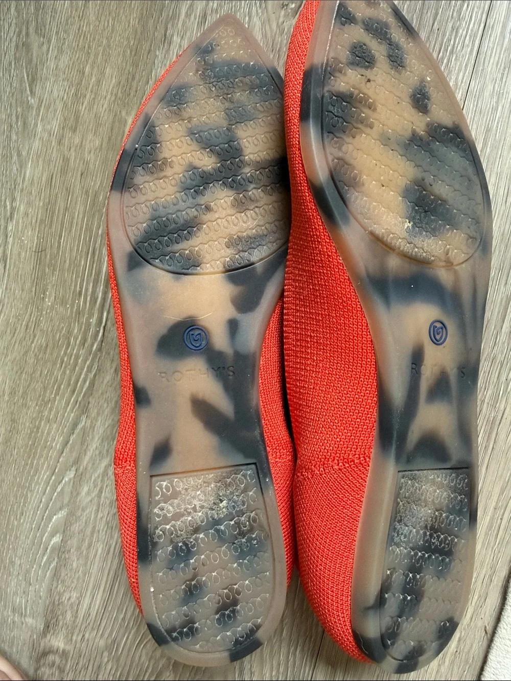 Rothy's Red Pointed Knit Slip-On Flats with Blue Trim